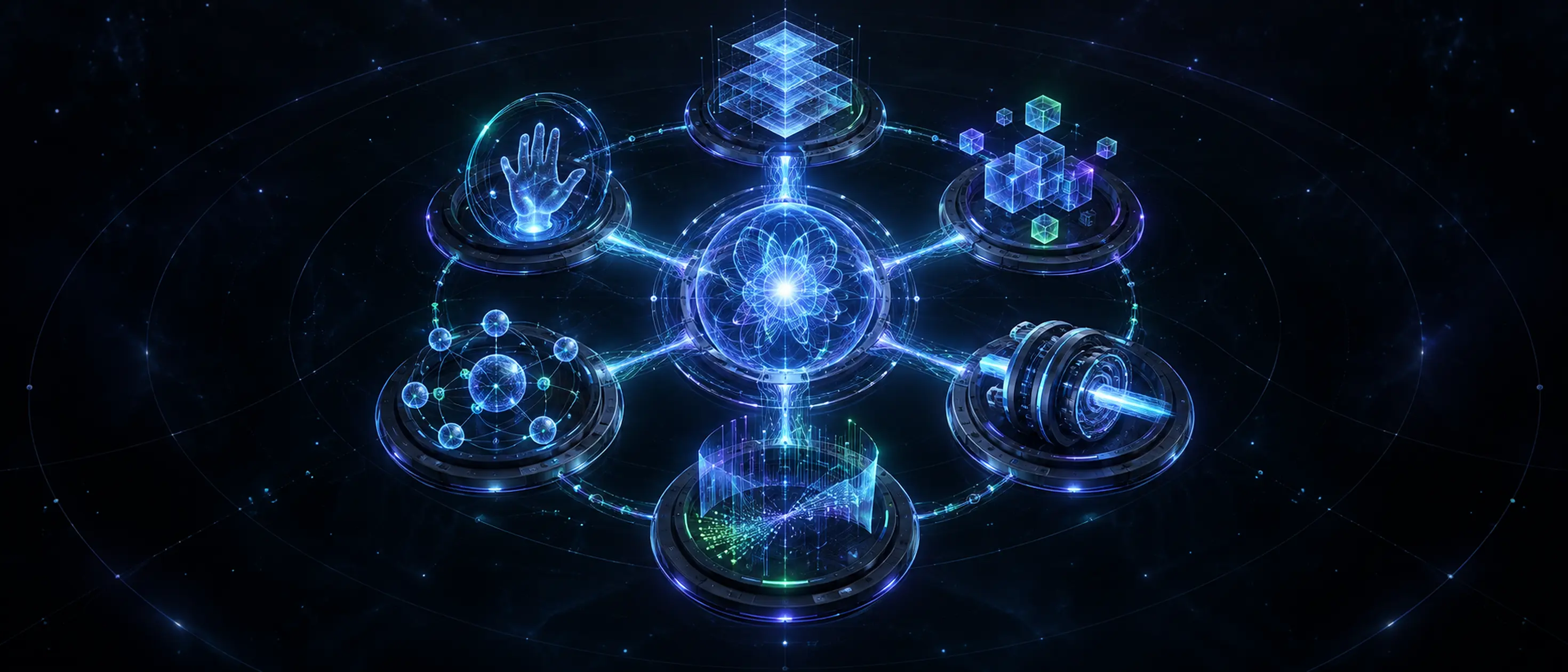 A luminous AI workflow system with six equally connected modules surrounding a central core.